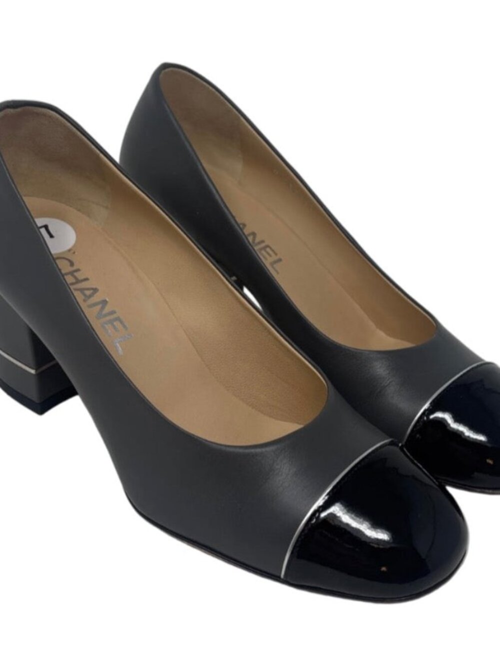 CHANEL Grey Spectator Pumps with Black Patent Leather Toe Cap - Sz 37